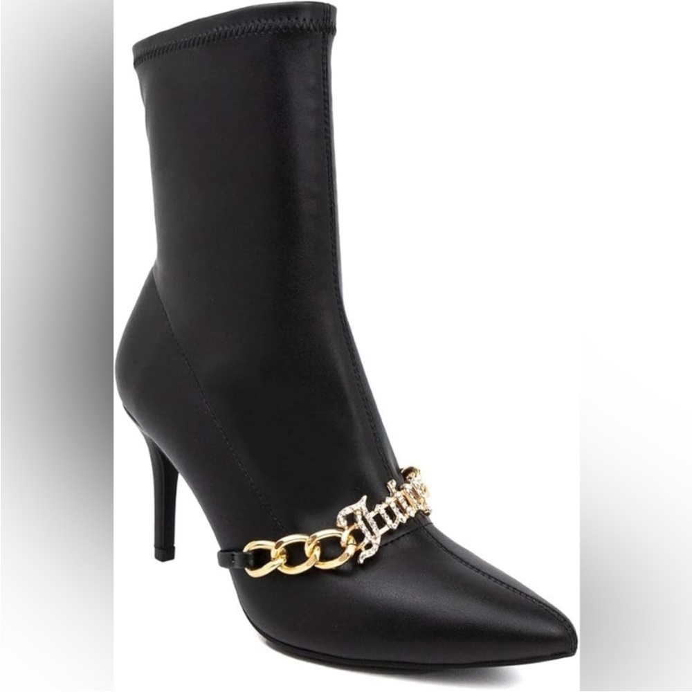 Juicy Couture Tommi Black Heeled Boots with Gold Chain Detail
